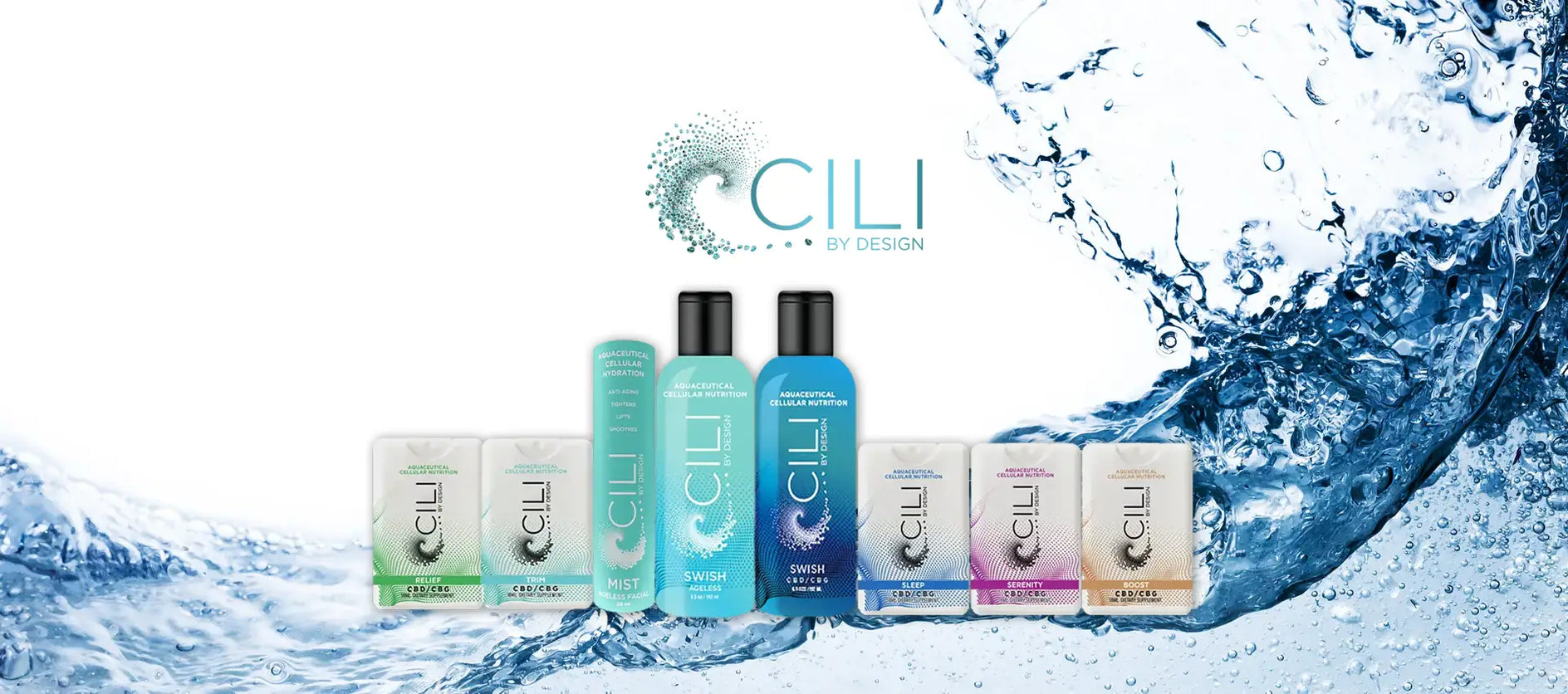 Bild mit dynamisch fotografiertem Wasser im Hintergund und alle verfügbaren Cili by Design Artkel mit darüber stehendem Cili Formenlogo